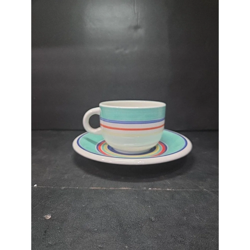 Pier 1 Turquoise Hand Painted Bright Striped Coffee Mug & Saucer, Kitchen Decor‎